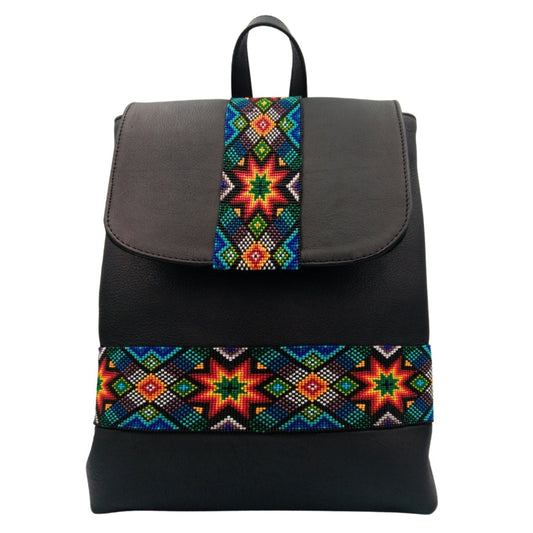 Solstice Beaded Bag Backpack—black top‑grain leather with multicolor star‑pattern beaded band and flap strip by Miohermosa