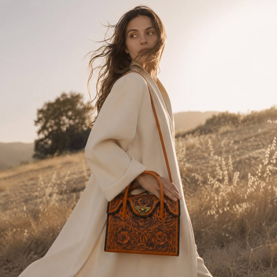 Woman holding a brown leather handbag with intricate designs in a scenic outdoor setting.
