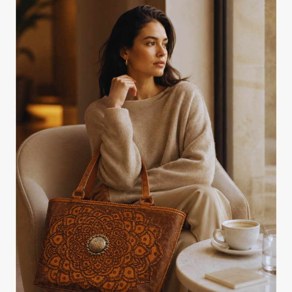 Woman sitting with a patterned brown handbag in a cozy indoor setting