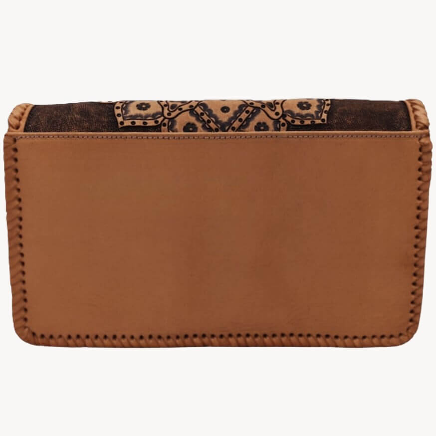 Back view showing smooth full‑grain leather panel with exterior slip pocket.
