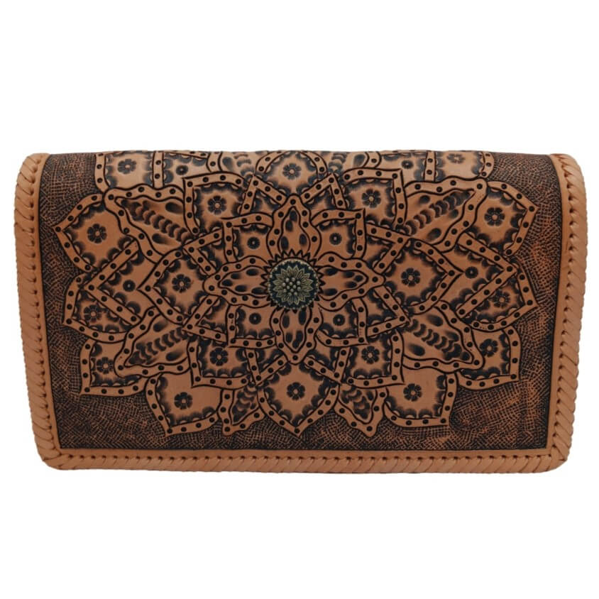 Front view of full‑grain hand‑tooled leather crossbody with mandala design and hand‑laced edge.