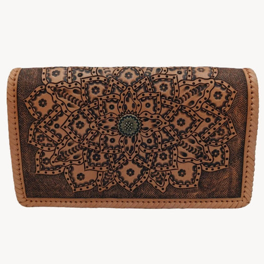 Front view of full‑grain hand‑tooled leather crossbody with mandala design and hand‑laced edge.