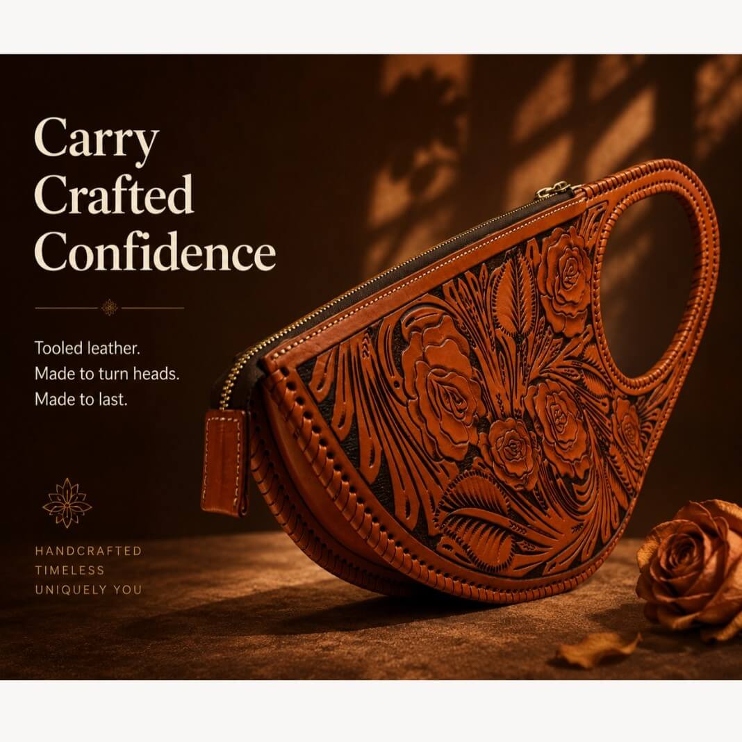 Burnt orange hand-tooled leather handbag with floral rose detailing and braided circular top handle in a warm handcrafted leather ad