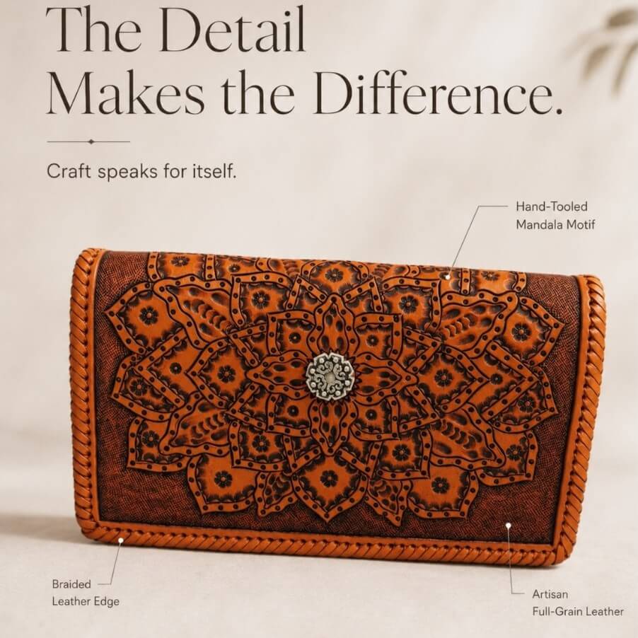 Promotional detail graphic featuring a burnt orange embossed leather clutch with hand-tooled mandala motif, braided leather edge, artisan full-grain leather, and circular clasp.