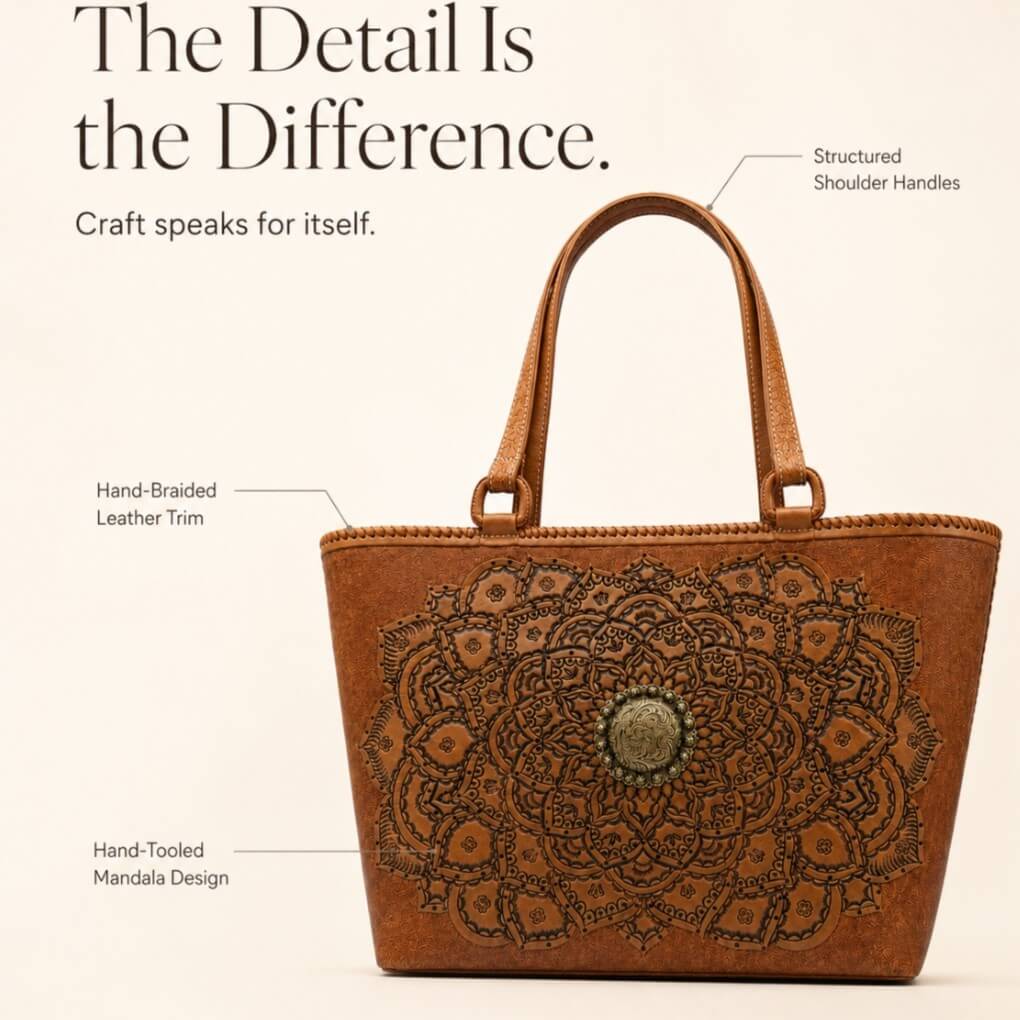 Cognac/burnished brown nude color tooled leather tote with round medallion hardware shown in a detail graphic highlighting structured shoulder handles, hand-braided leather trim, and hand-tooled mandala design.