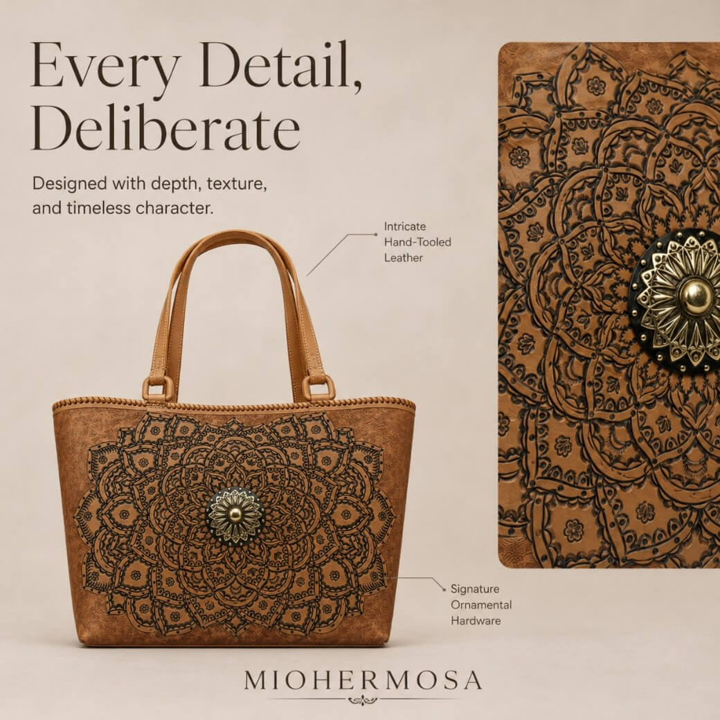 Cognac/burnished brown nude color tooled leather tote with mandala design, antique sunburst medallion hardware, and close-up detail panel in a MIOHERMOSA brand graphic.