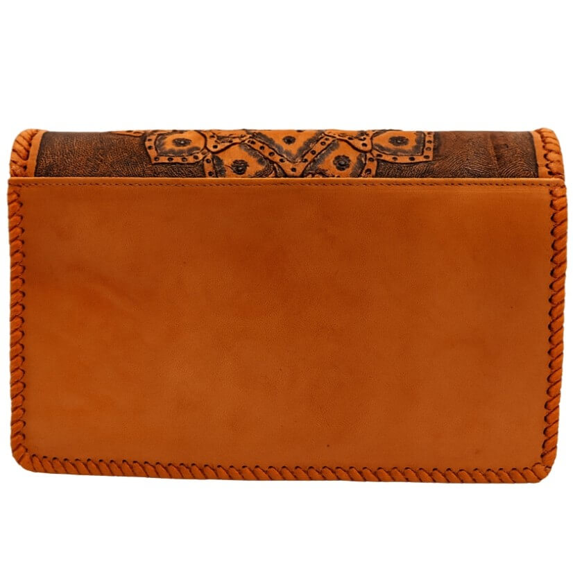 Back view with smooth Full Grain Leather and exterior slip pocket on Crimson Legacy purse