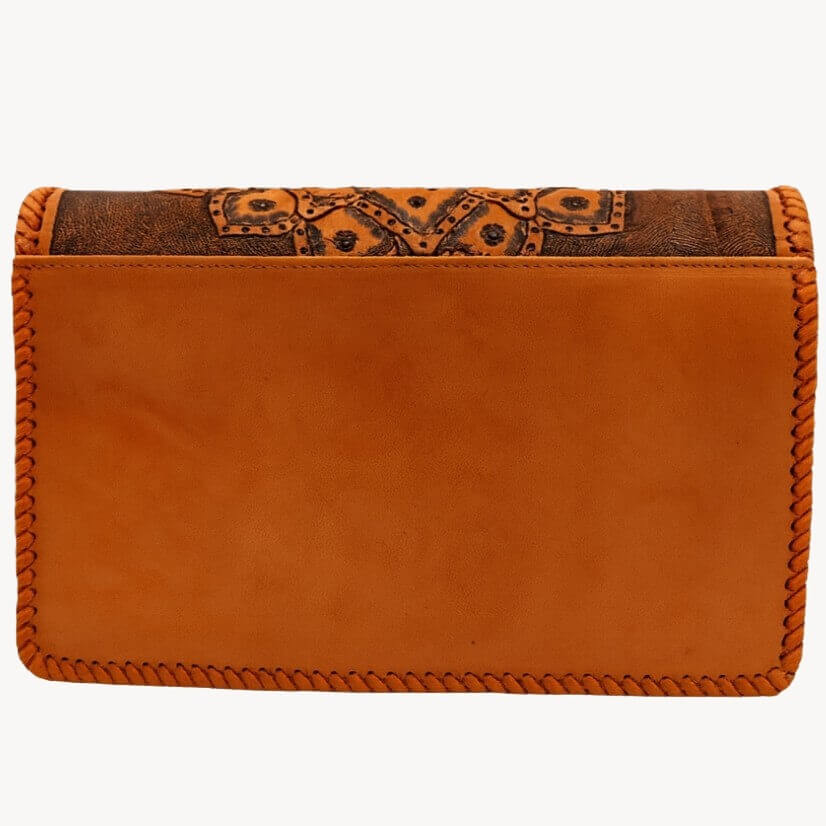 Back view with smooth Full Grain Leather and exterior slip pocket on Crimson Legacy purse