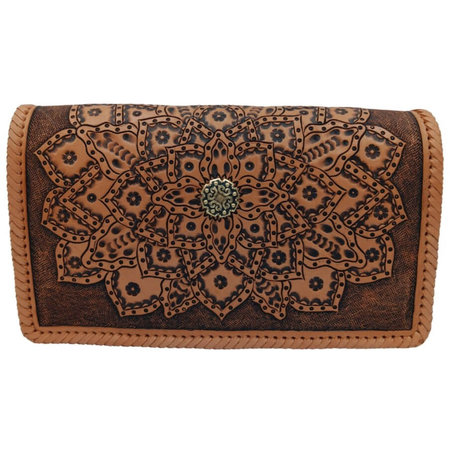 Front view of full‑grain tooled leather crossbody with mandala and brass concho – Crimson Legacy