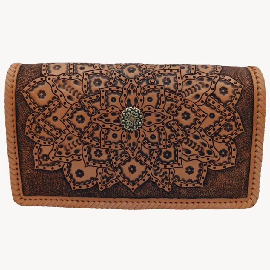 Front view of full‑grain tooled leather crossbody with mandala and brass concho – Crimson Legacy