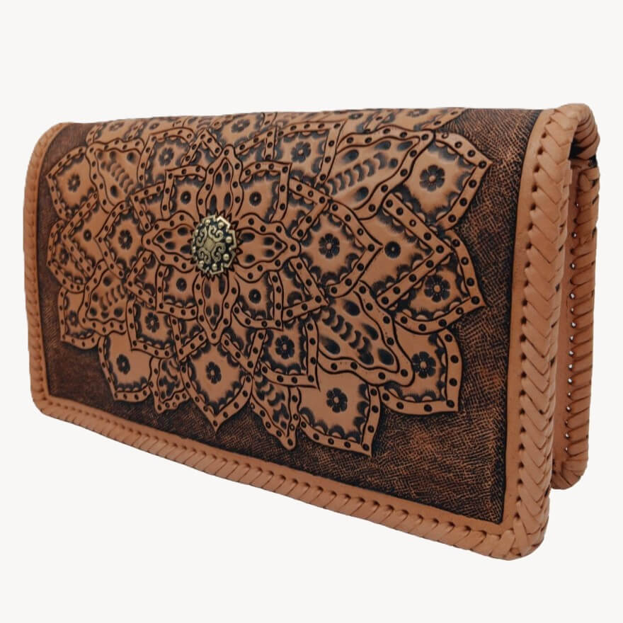 “Angled right view showing depth and hand‑laced edge of leather crossbody – Crimson Legacy