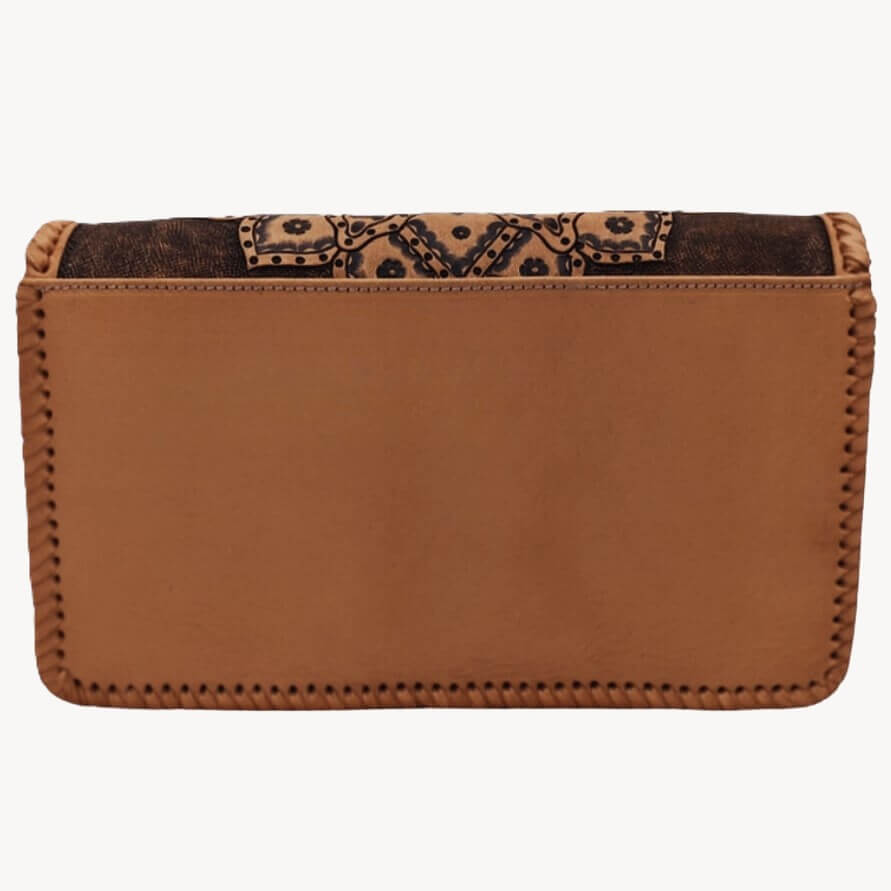 Back of leather purse with smooth full‑grain panel and slip pocket – Crimson Legacy