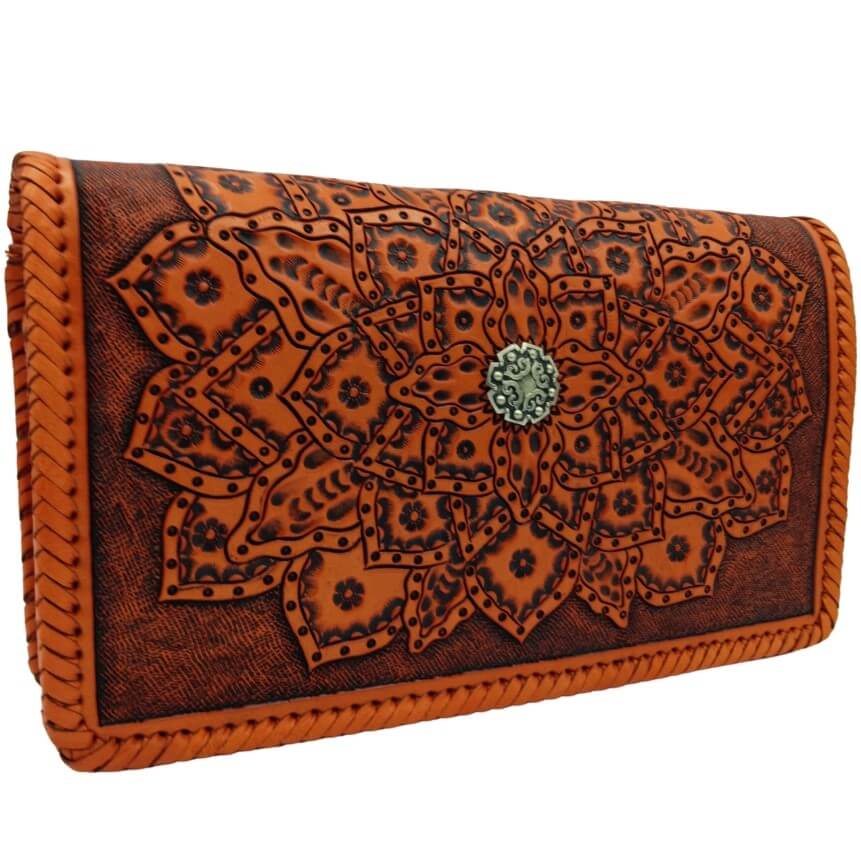 Angled left view showing mandala tooling and hand‑laced edges on Crimson Legacy crossbody