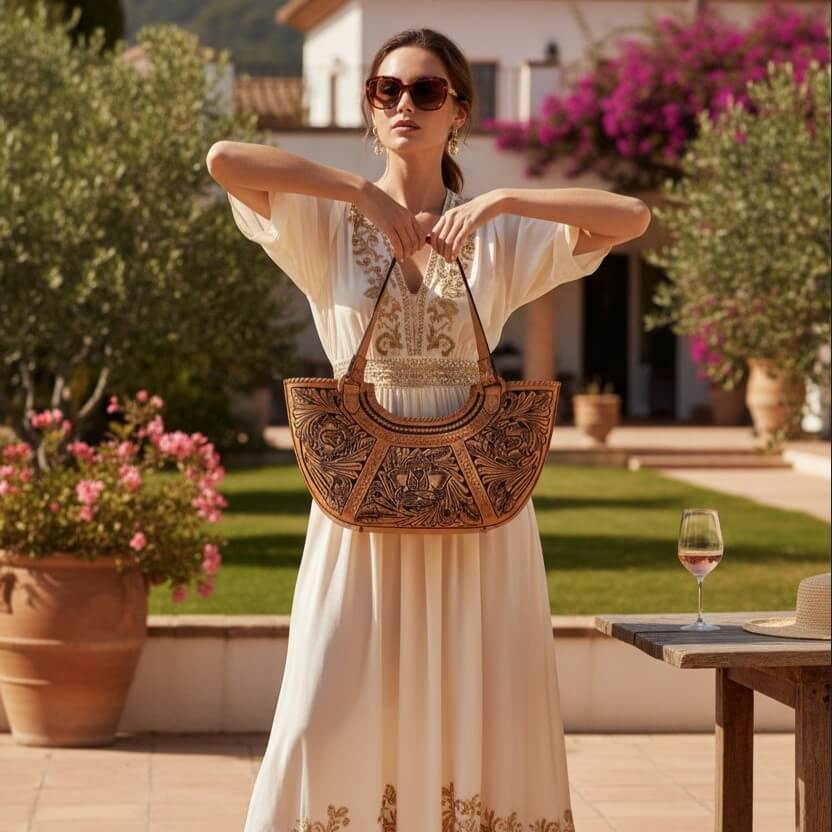 FLOR DE CORDOBA FULL GRAIN TOOLED SATCHEL