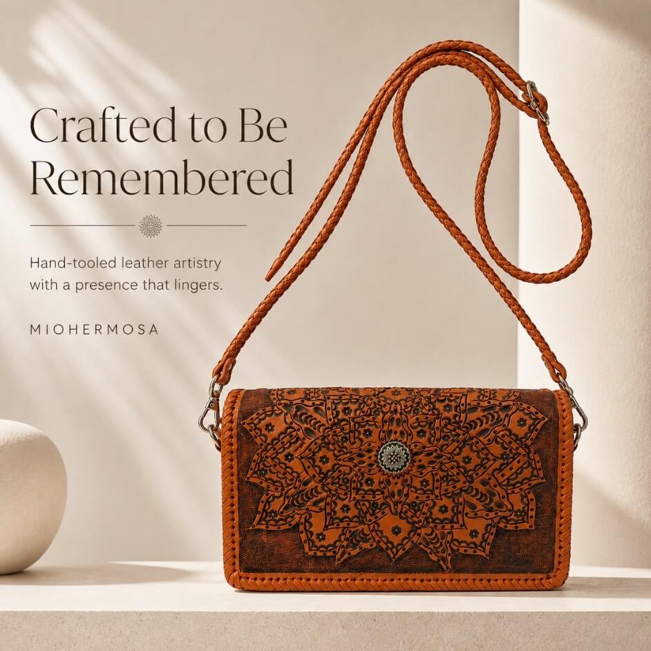 Premium artisan leather crossbody bag showcasing intricate floral tooling and braided leather strap