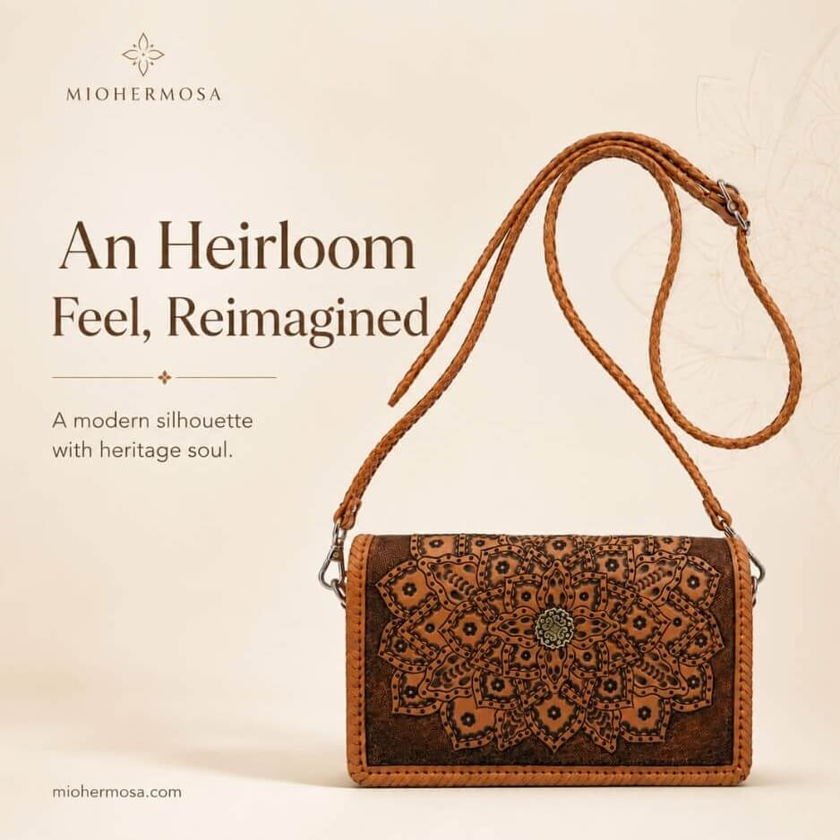 Handcrafted full-grain leather crossbody wallet featuring an intricate floral mandala design, braided leather strap, and artisan hand-laced detailing
