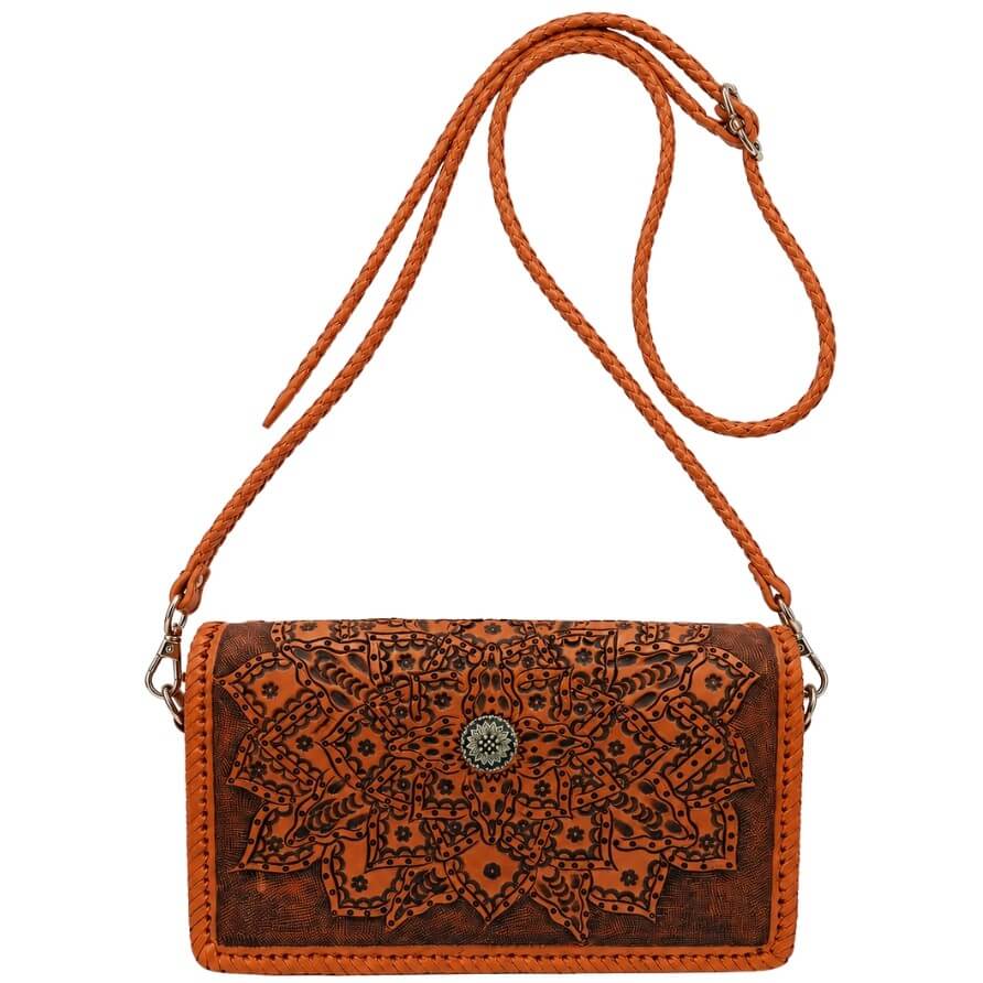 Artisan-crafted leather crossbody wallet featuring a detailed floral mandala pattern and hand-laced edges