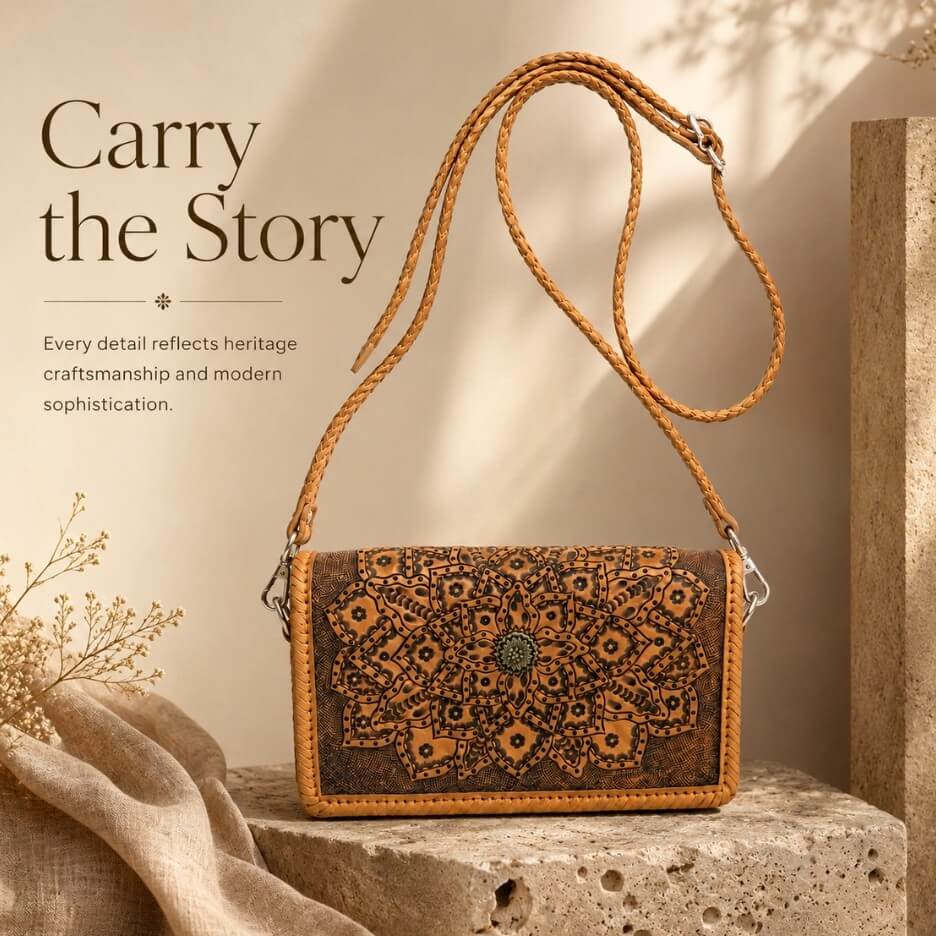 Artisan-made full grain leather crossbody wallet with decorative mandala pattern, hand-laced edges, and premium leather construction