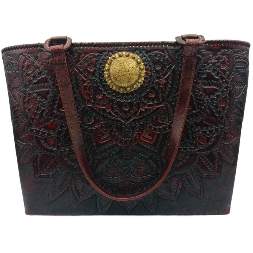 Full‑grain tooled leather tote with mandala and gold concho – front view