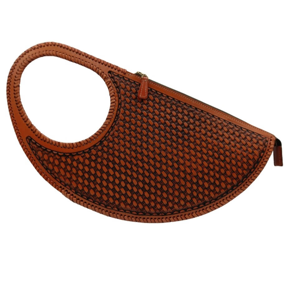 basketweave back of full‑grain leather half‑moon handbag