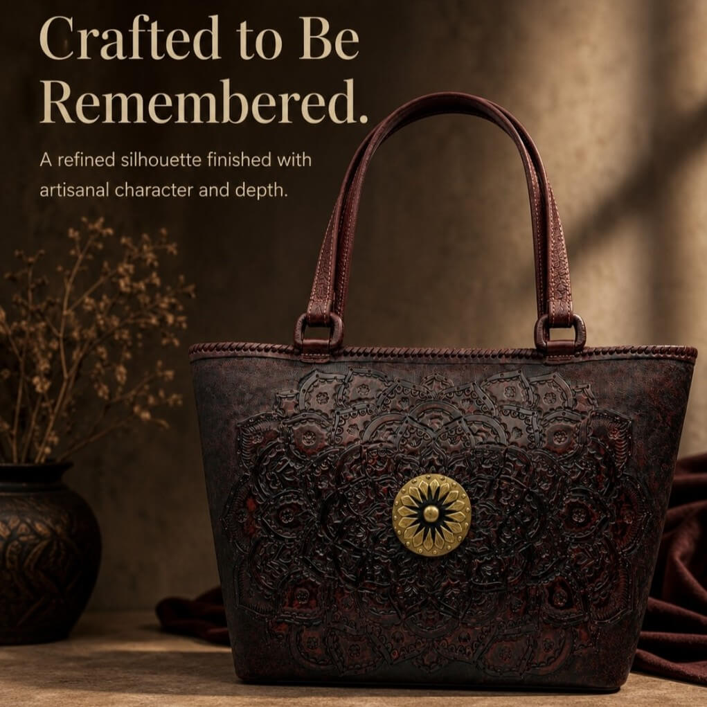 Mahogany espresso embossed leather tote with ornate tooled pattern, top handles, and round gold medallion in a warm editorial setting.