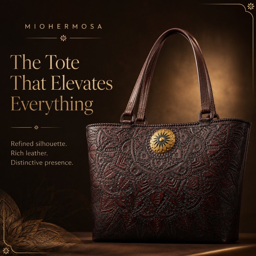 Mahogany espresso mandala embossed leather tote with top handles and a round gold medallion in a luxury MIOHERMOSA editorial graphic.
