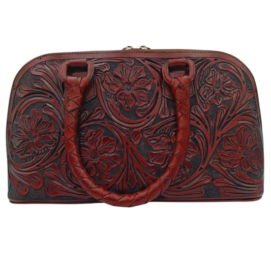 Front view of MAYA hand‑tooled full‑grain leather satchel with floral design