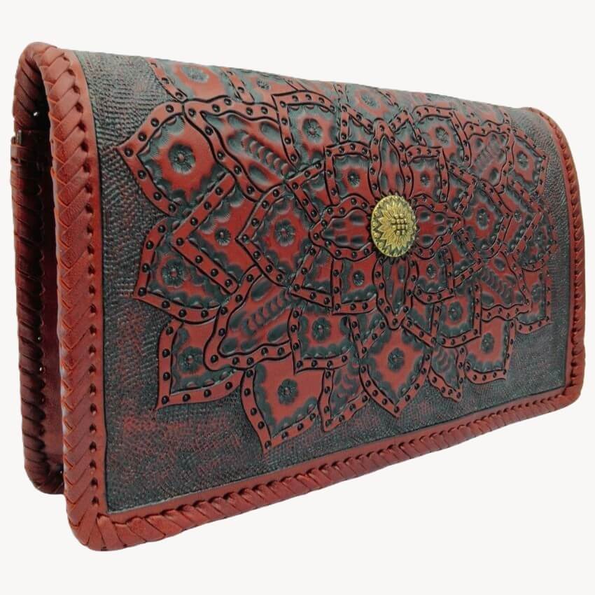 Wallet with red and gray floral pattern on a white background