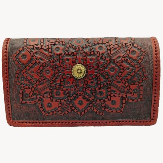 Brown leather wallet with intricate red floral design on a white background