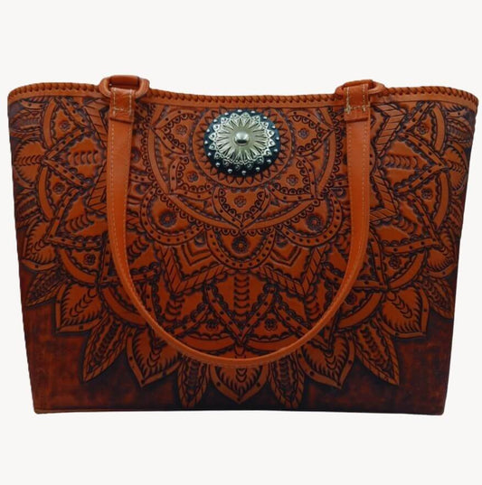 Caléndula de Cobre full‑grain tooled leather tote with marigold mandala and silver concho—front view, Miohermosa