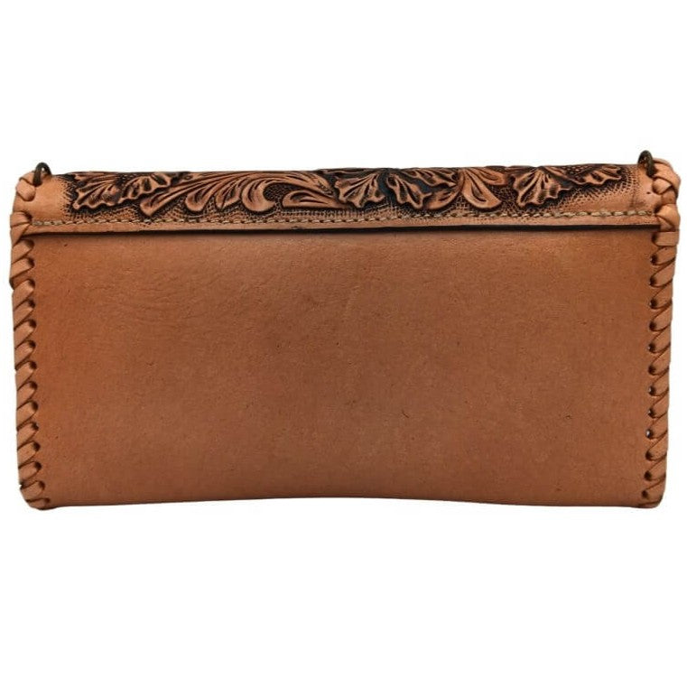 Back view, smooth full grain leather panel on crossbody‑ready clutch.