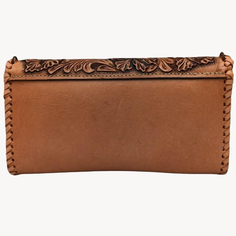 Back view, smooth full grain leather panel on crossbody‑ready clutch.