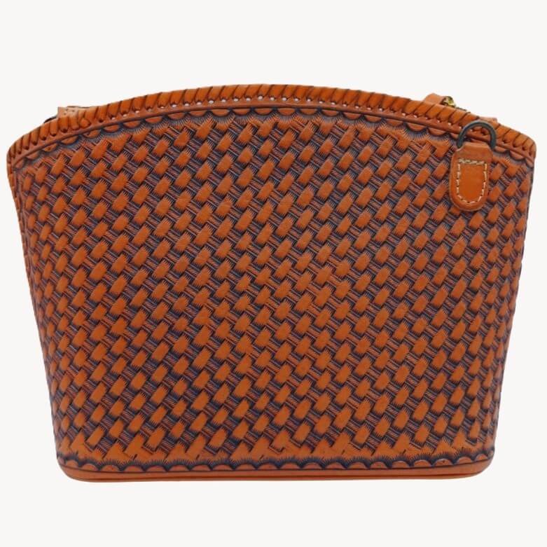 Back view—deep leaf tooling on genuine leather crossbody—Miohermosa