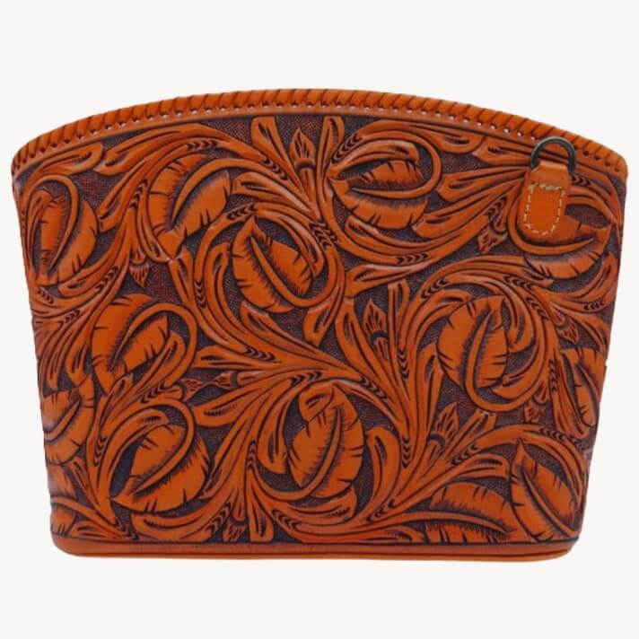 Front view—Emberleaf Crossbody Tooled Leather Purse with leaf design, structured frame—Miohermosa