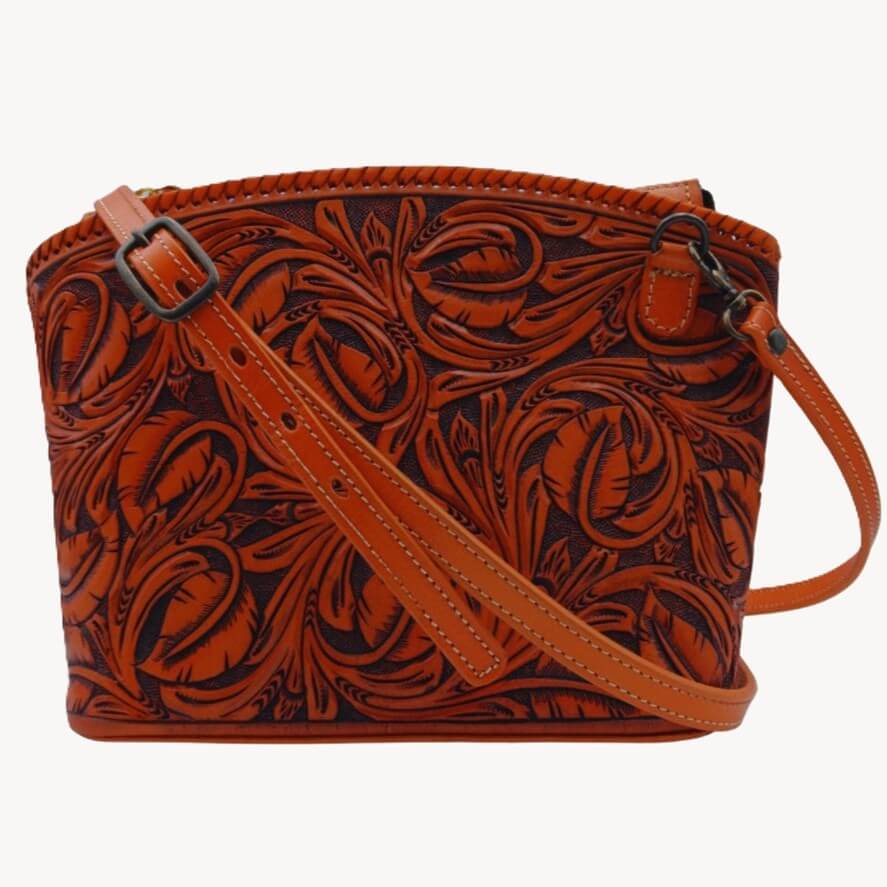 Front view—Emberleaf Crossbody Tooled Leather Purse with leaf design, structured frame—Miohermosa