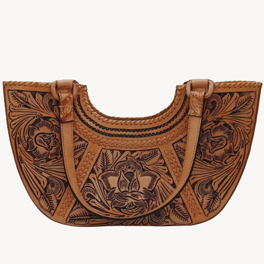 Front view of Miohermosa Flor de Cordoba Full Grain Tooled Satchel—hand‑tooled full‑grain leather with floral carving
