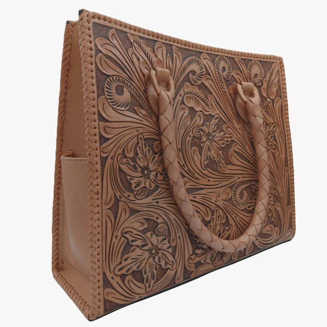 Miohermosa Flor de Miel Heritage Tote, artisan floral tooled leather, structured silhouette
