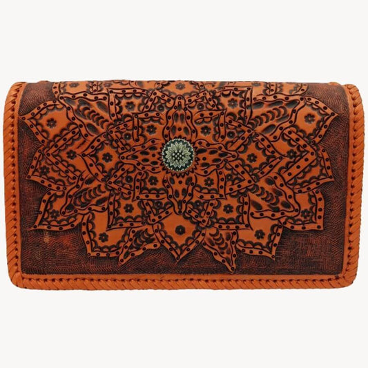 Miohermosa full‑grain hand‑tooled leather mandala crossbody—front with brass sunburst concho