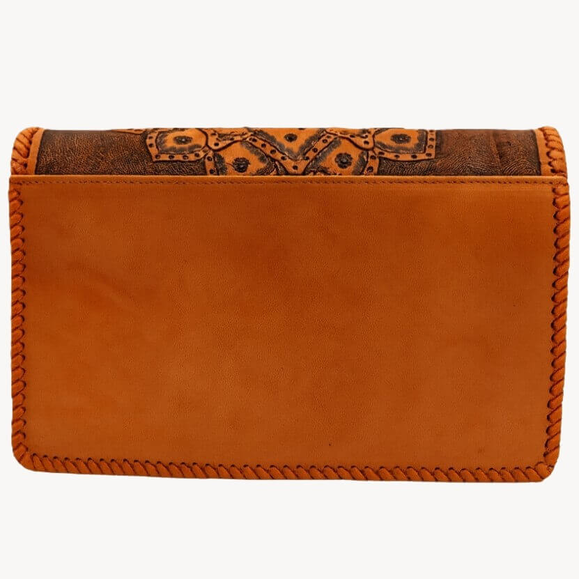 Smooth full‑grain leather back panel with exterior slip pocket - burnt orange finish