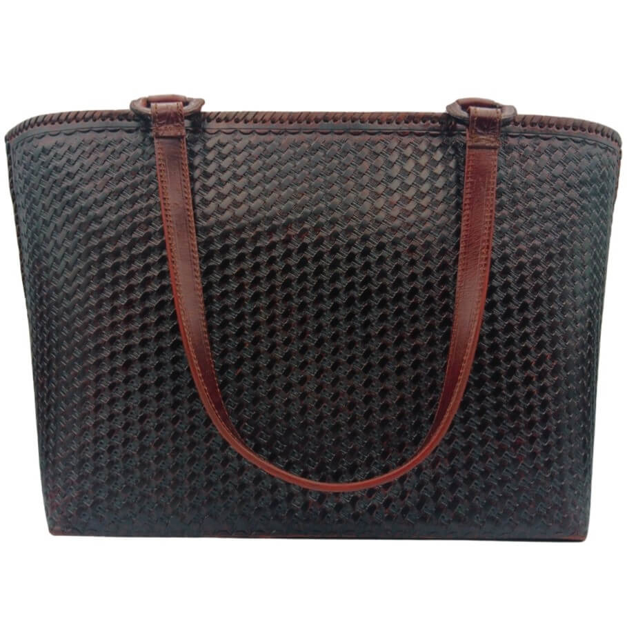 Back view—honeycomb/basketweave texture on full grain leather tote, Mahogany Espresso. 