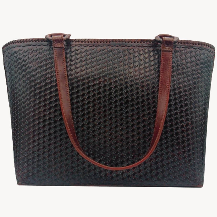 Back view—honeycomb/basketweave texture on full grain leather tote, Mahogany Espresso. 