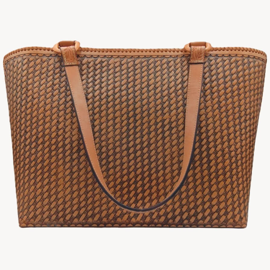 Back view—honeycomb/basketweave texture on full grain leather tote.