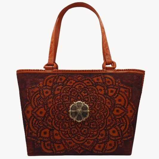 Mandala front with antique‑brass medallion, handles upright for scale.