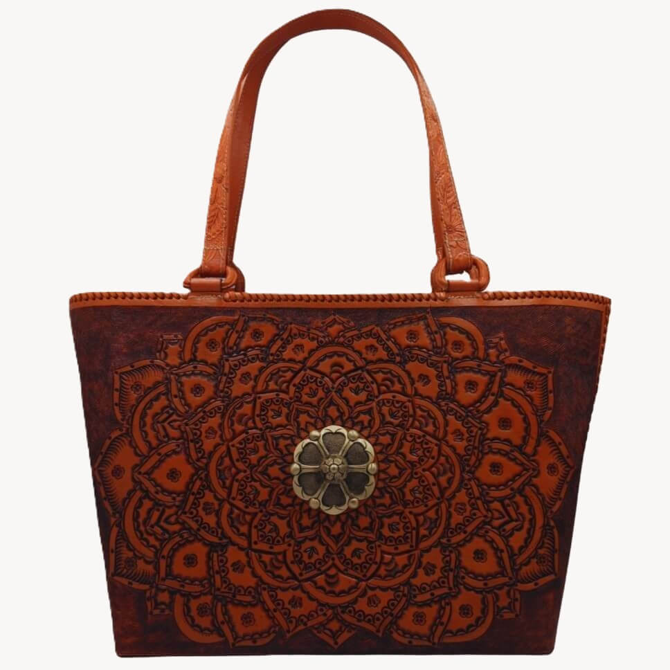 Mandala front with antique‑brass medallion, handles upright for scale.