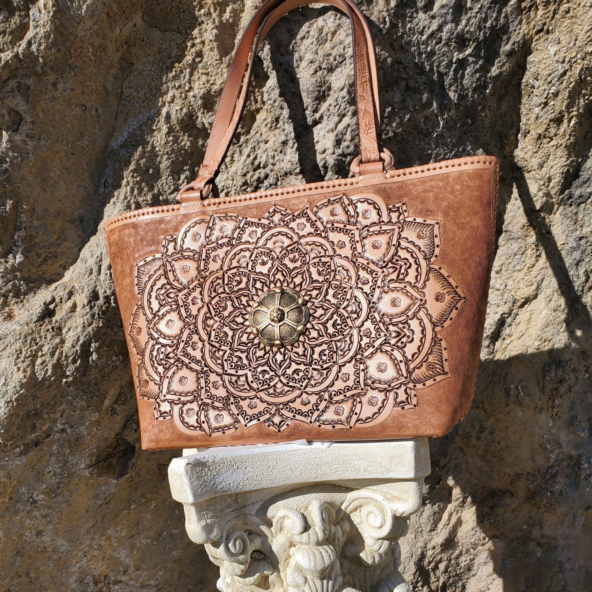 Leather Tote Mi cielo 2024 embroidered bag and brown leather