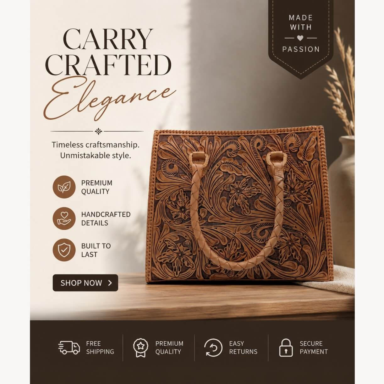 Natural tan hand-tooled floral leather tote bag with braided handles displayed in a Carry Crafted Elegance promotional graphic with craftsmanship and quality details.