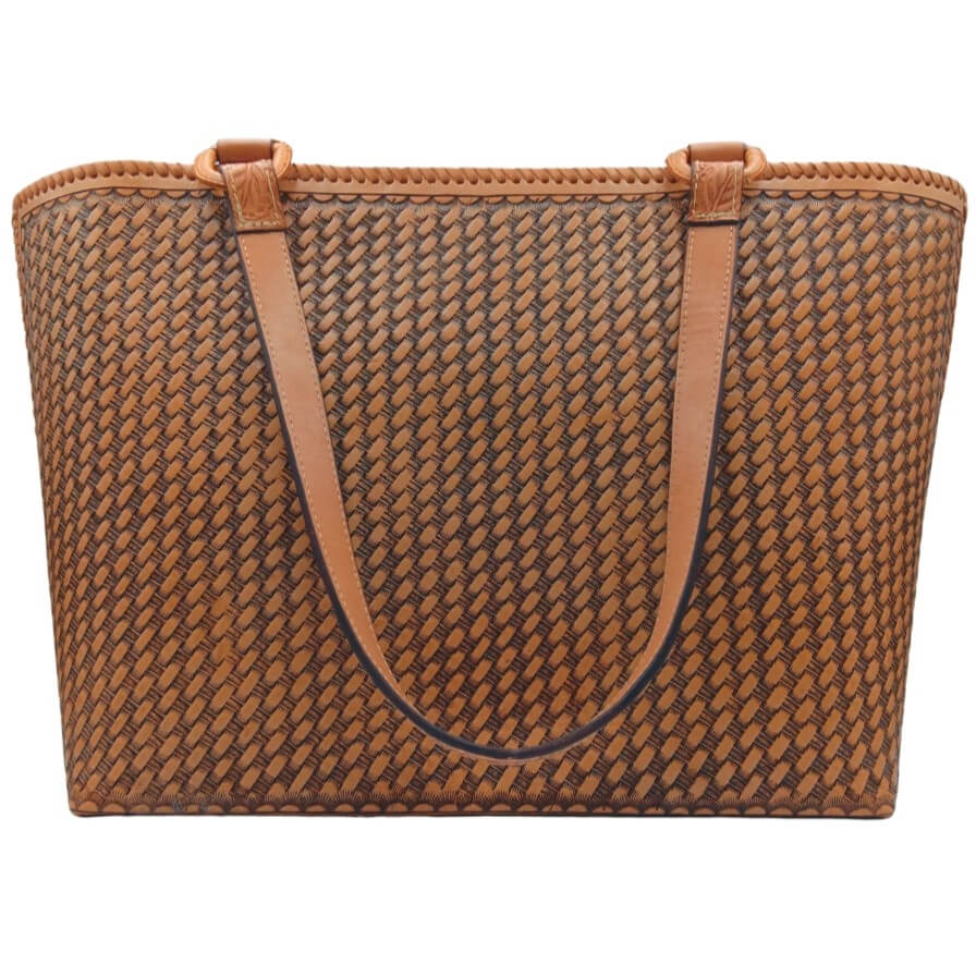 Back panel with honeycomb stamp on cognac full grain leather tote.