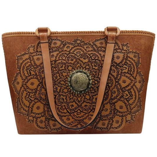 Front view of Sol de Oro full grain leather tote with hand‑tooled mandala and brass concho.