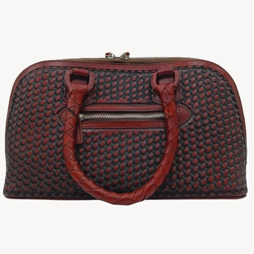 Leather purse back view with honeycomb pattern and exterior zip pocket