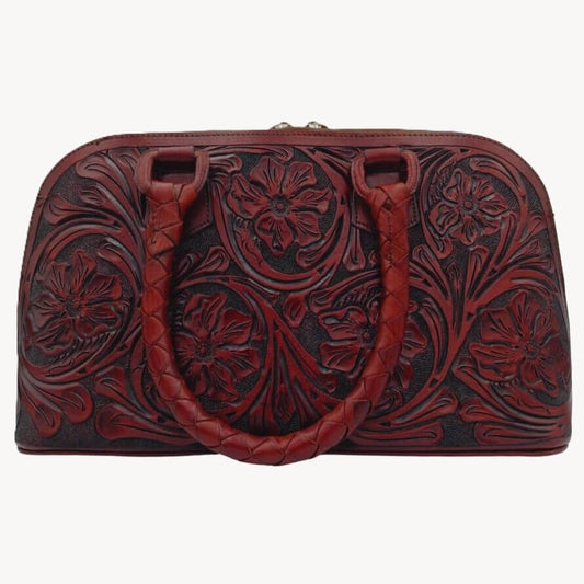 Marbella Rose Tooled Leather Satchel in Full Grain Leather front floral design